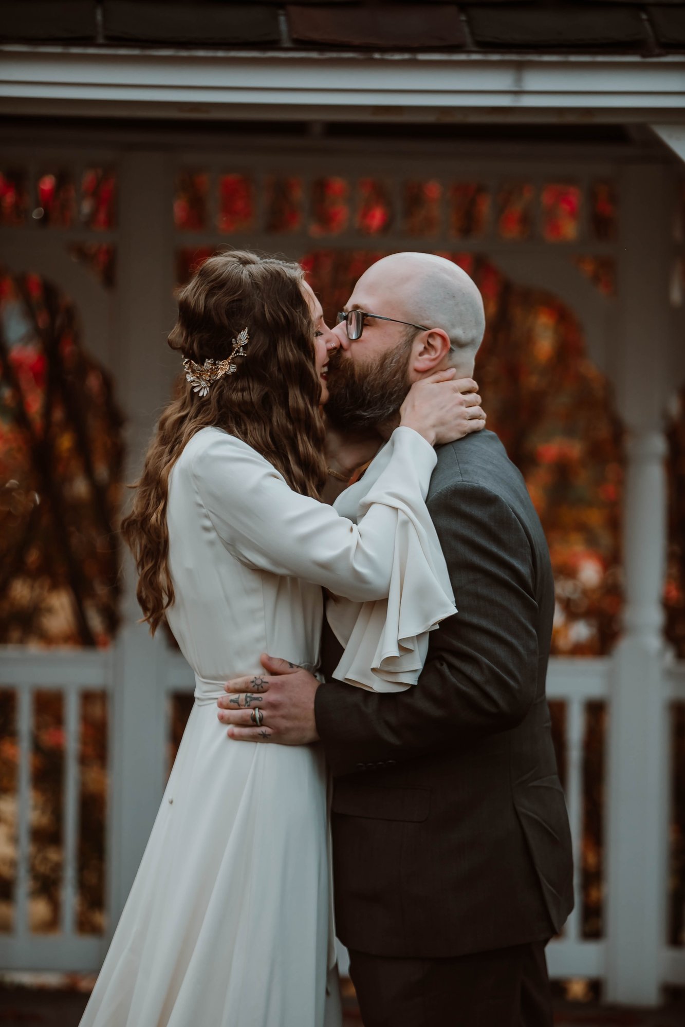 Bride and groom embracing
